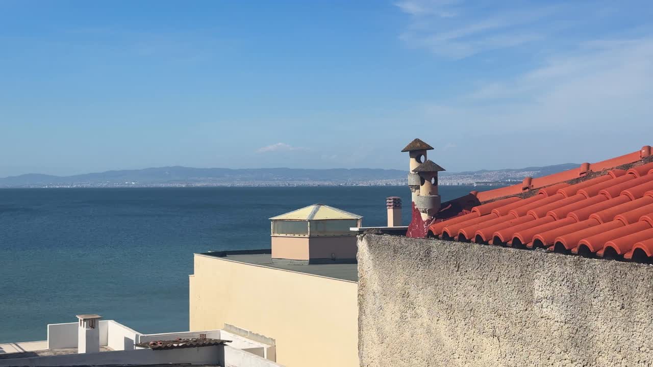 Mediterranean sea coastline view from Greece accommodation balcony roof