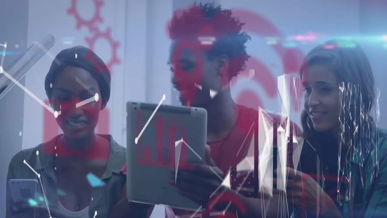 Animazione di icone ed elaborazione dati su diverse persone in ufficio