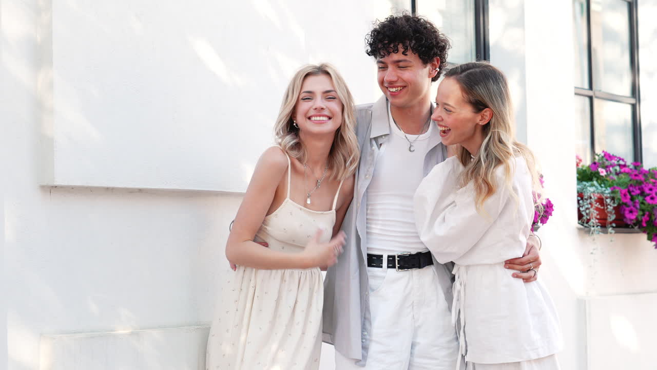 3명의 친구들이 야외에서 웃고 있습니다.