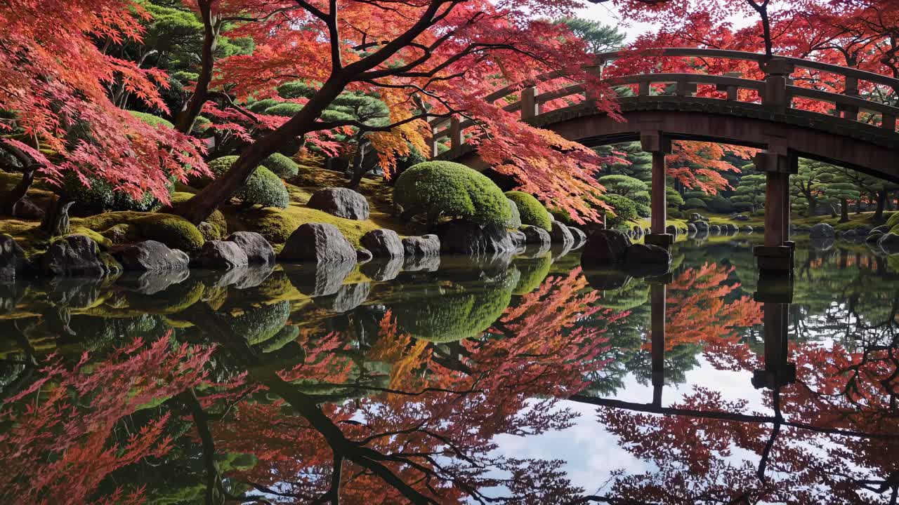 Serene Japanese garden with a wooden bridge and vibrant autumn leaves, captured at a low angle