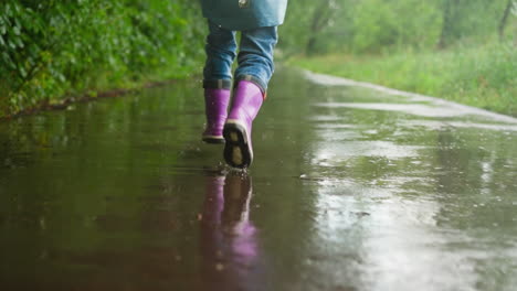 child frolics through rainsoaked paths kid wearing waterproof boots bounds puddles with contagious