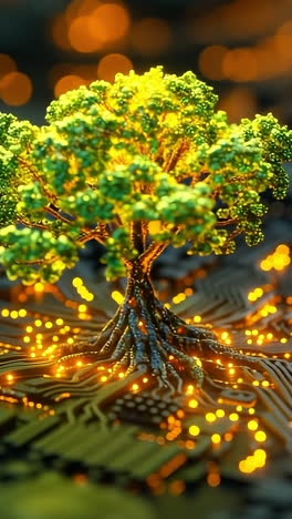 tree in a circuit board. a vibrant tree emerges from a circuit board, symbolizing technology and nature interconnected in harmony.