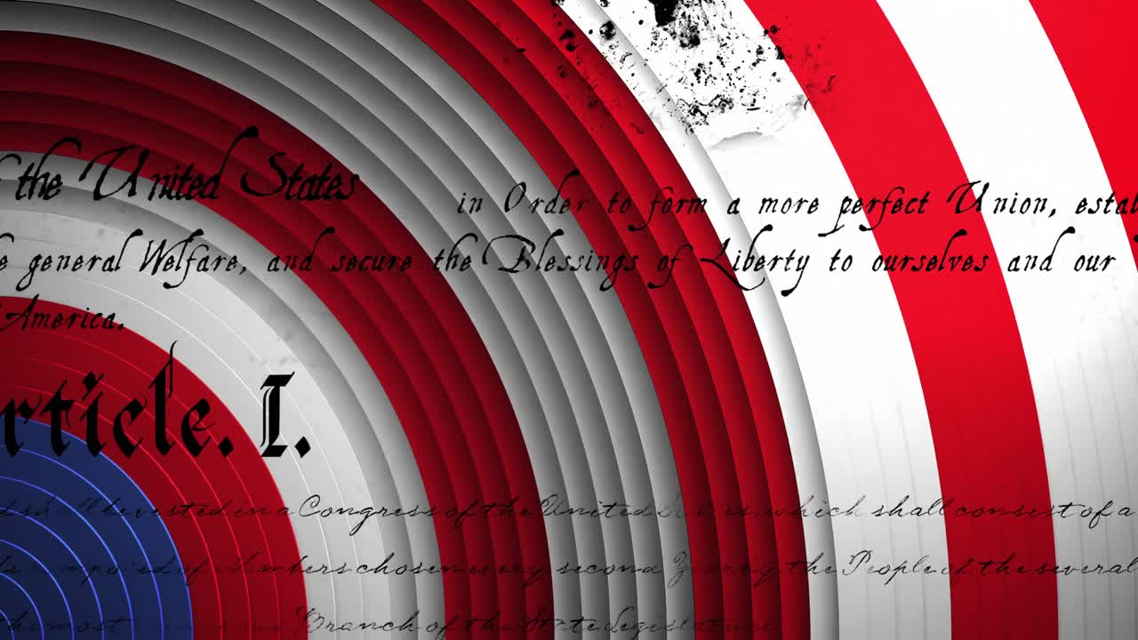 미국 국기 색상의 반지 위에 미국 헌법 텍스트의 애니메이션