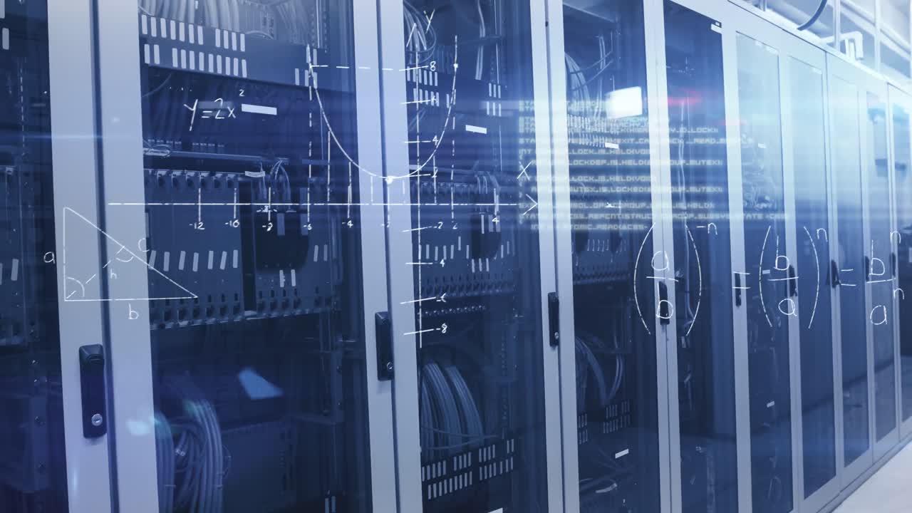 Mathematical equations against empty server room