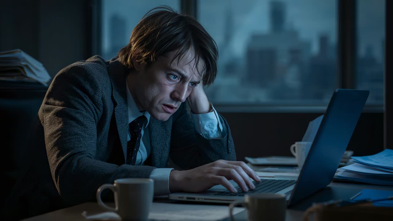 Businessman in dark suit typing slowly at night office desk facing deadline, with coffee mugs