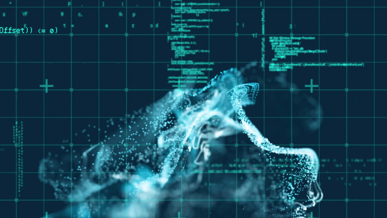 Animation of data processing with glowing light trails
