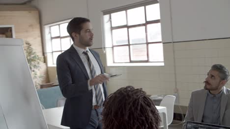 serious speaker near whiteboard