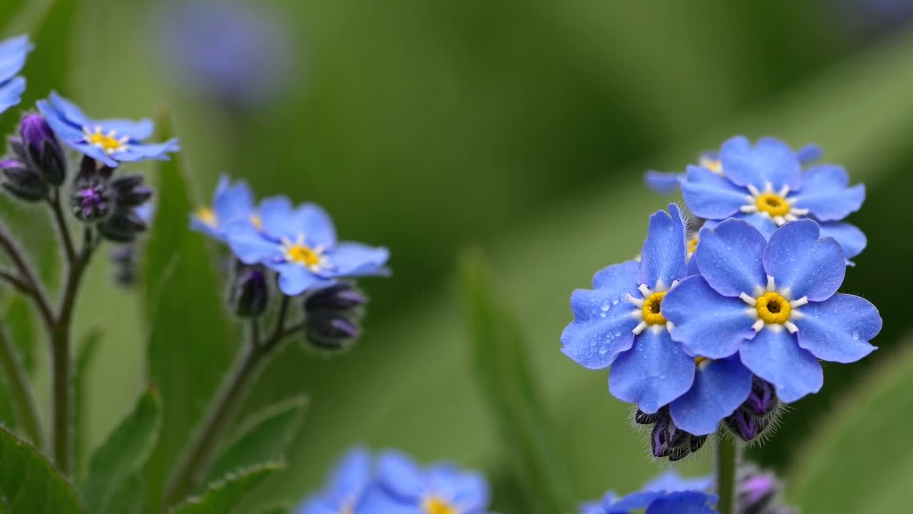 Vídeo em close-up de flores azuis vibrantes com orvalho, capturado ao nível dos olhos.