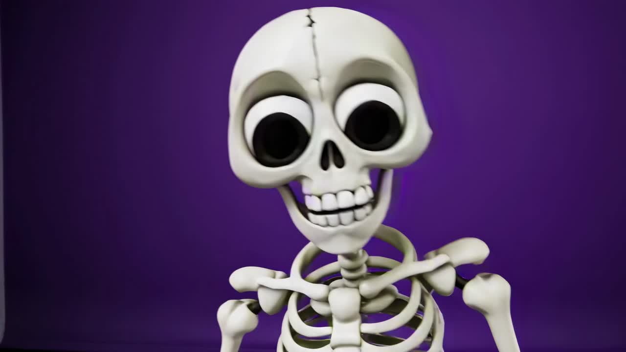 A playful, cartoon-style skeleton with large eyes smiles against a purple backdrop