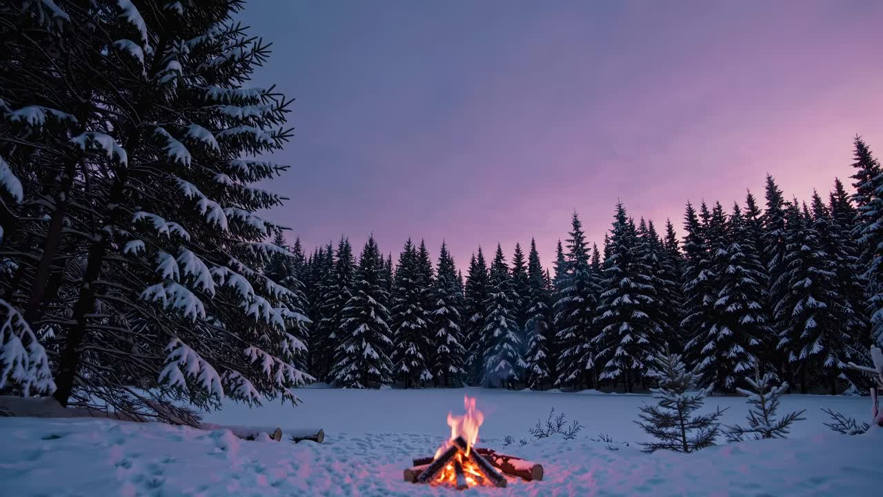 A cozy campfire in snowy woods, captured from a low angle. The video evokes warmth and tranquility