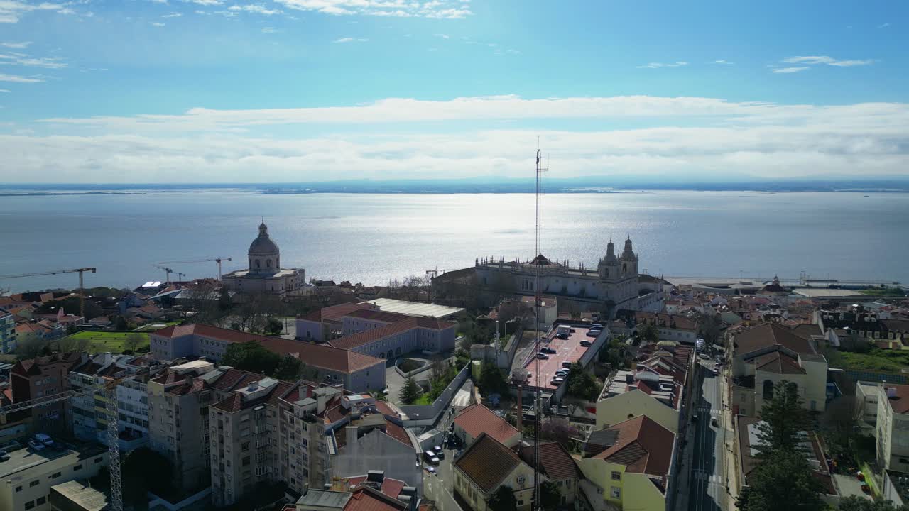 Flying slowly over Lisbon with the Panteão Nacional and the Tejo River in the background,Lisbon,portugal