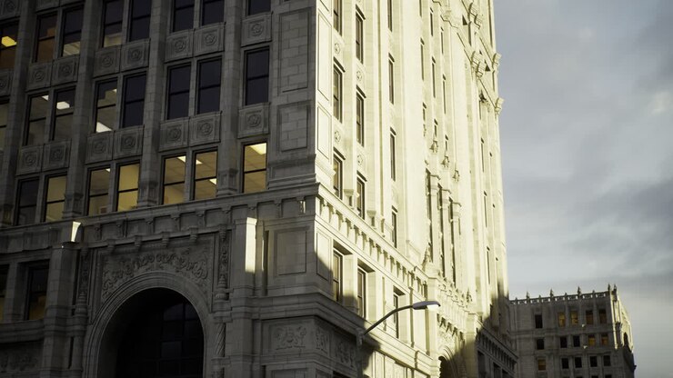Edificio storico illuminato da luce soffusa in una giornata nuvolosa in città