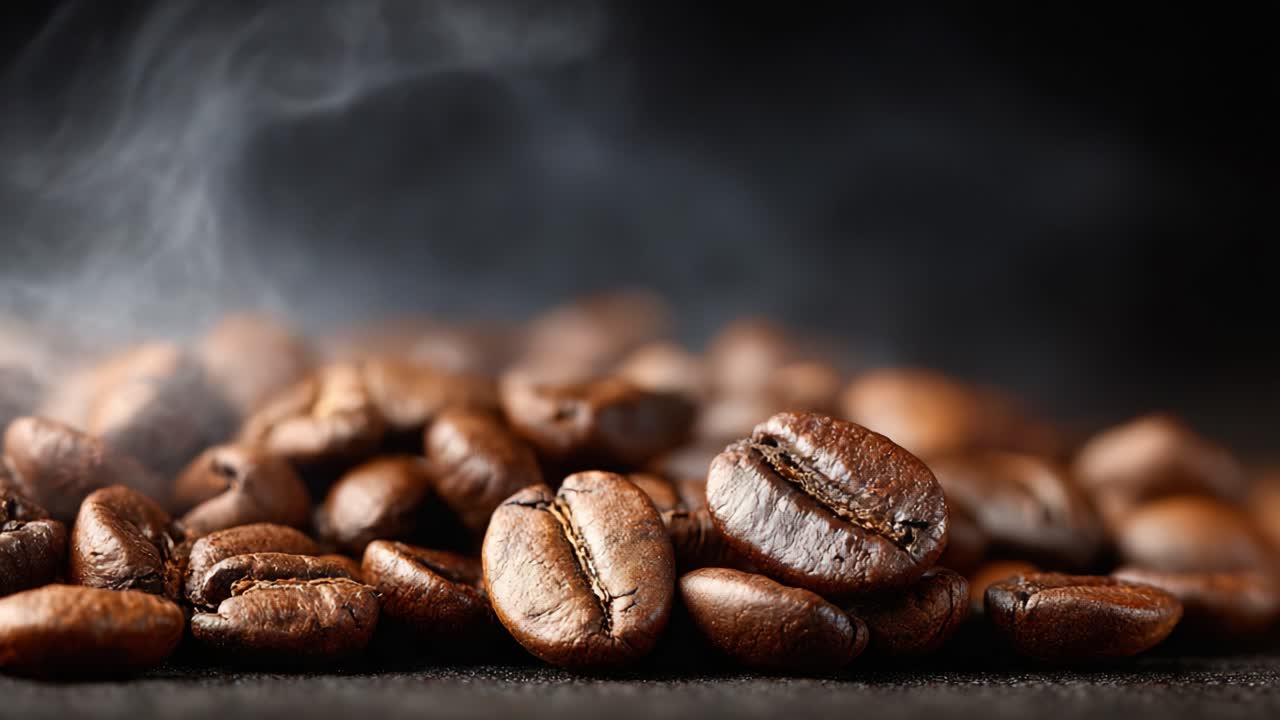 Aromatische Kaffeebohnen im Fokus: Kräftige, dunkel geröstete Kaffeebohnen verströmen ihr duftendes Aroma mit Dampfschwaden in einer mokkafarbenen Umgebung.