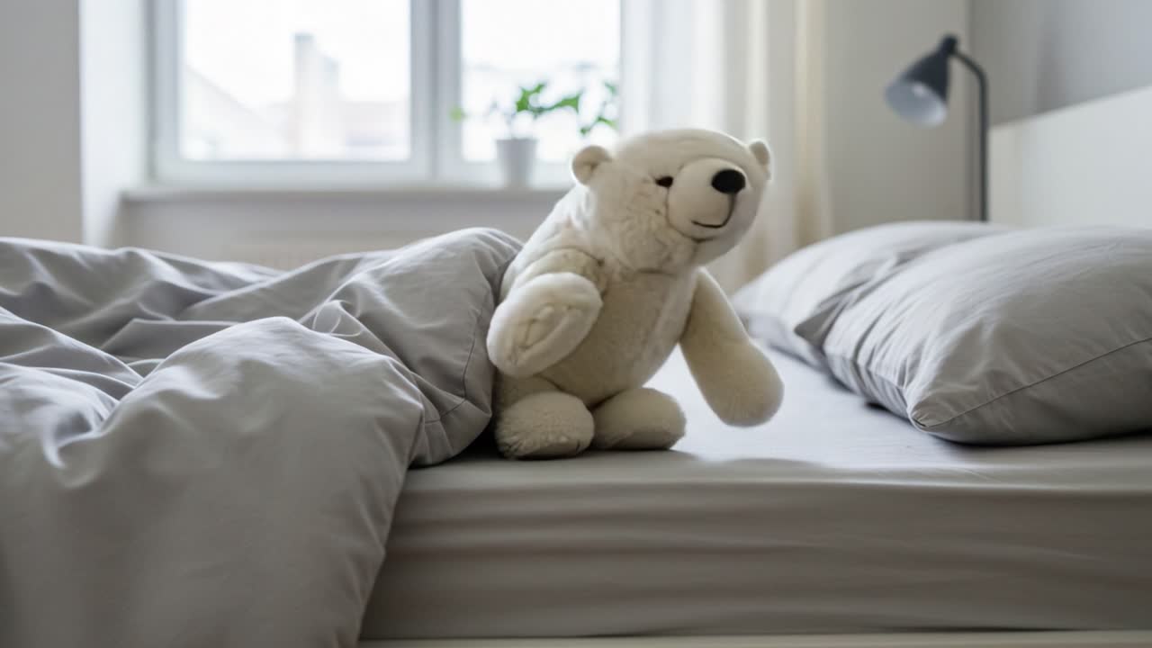 A Cozy Bedroom Scene Featuring an Adorable Polar Bear Plush Toy Nestled Among Soft Bedding, Bringing Comfort and Warmth to the Ambiance