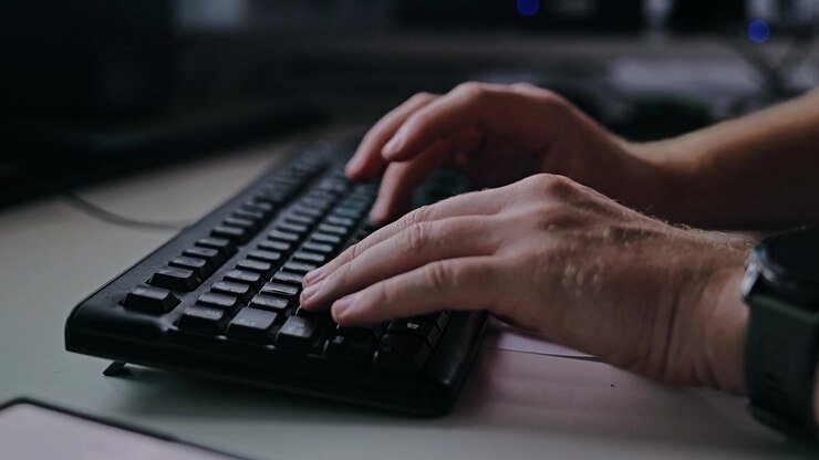 Primo piano di mani maschili che digitano sulla tastiera mentre lavorano al computer in ufficio