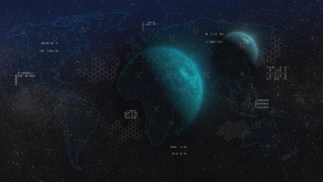 animation of data processing over world map and globes