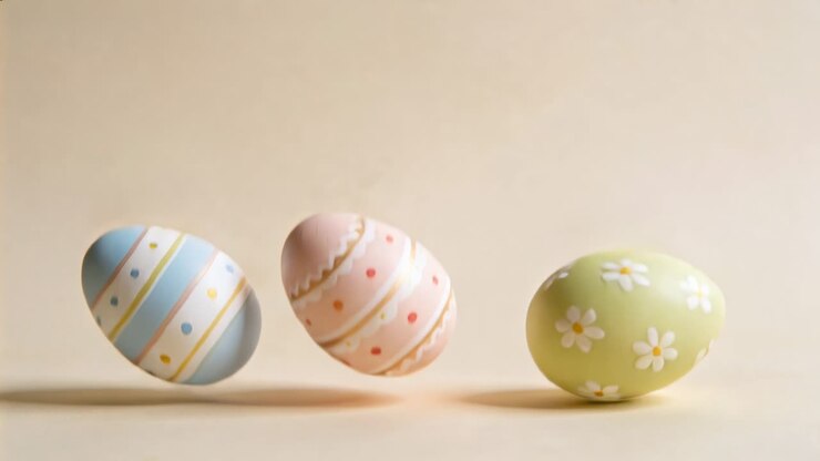Tilting three pastel eggs rolling on beige table after slight imbalance, revealing painted daisies