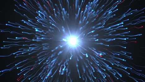 3d animation of two charged particles colliding at high speed