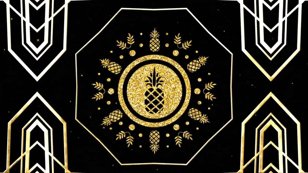 금색 칼레이도스코프 모양과 파인애플 디자인의 애니메이션이 눈이 내리면서 검은색으로 움직입니다.
