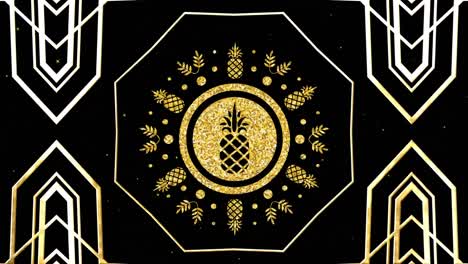 Animation-of-gold-kaleidoscopic-shapes-and-pineapple-design-moving-on-black-with-falling-snow