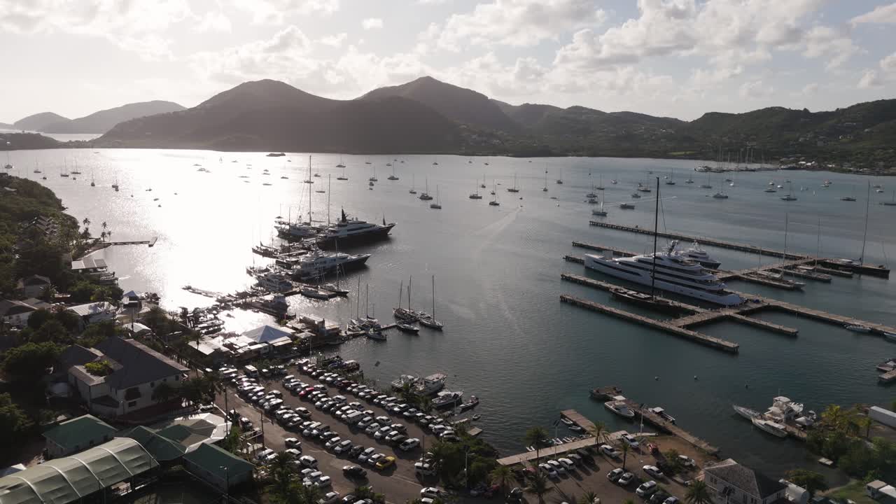 Town And Port Of English Harbour On The Island of Antigua in the Caribbean. Aerial Drone Shot
