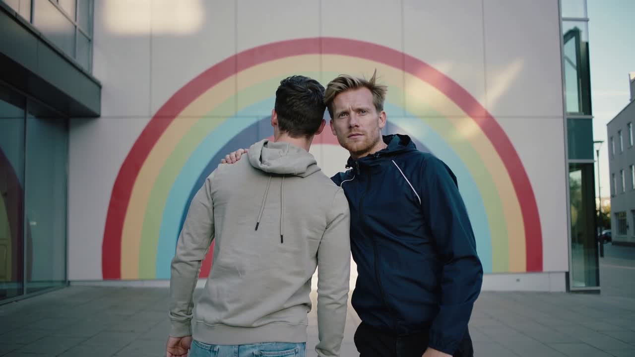 Placing hand on shoulder navy-jacket man turning to camera with beige hoodie at plaza rainbow mural