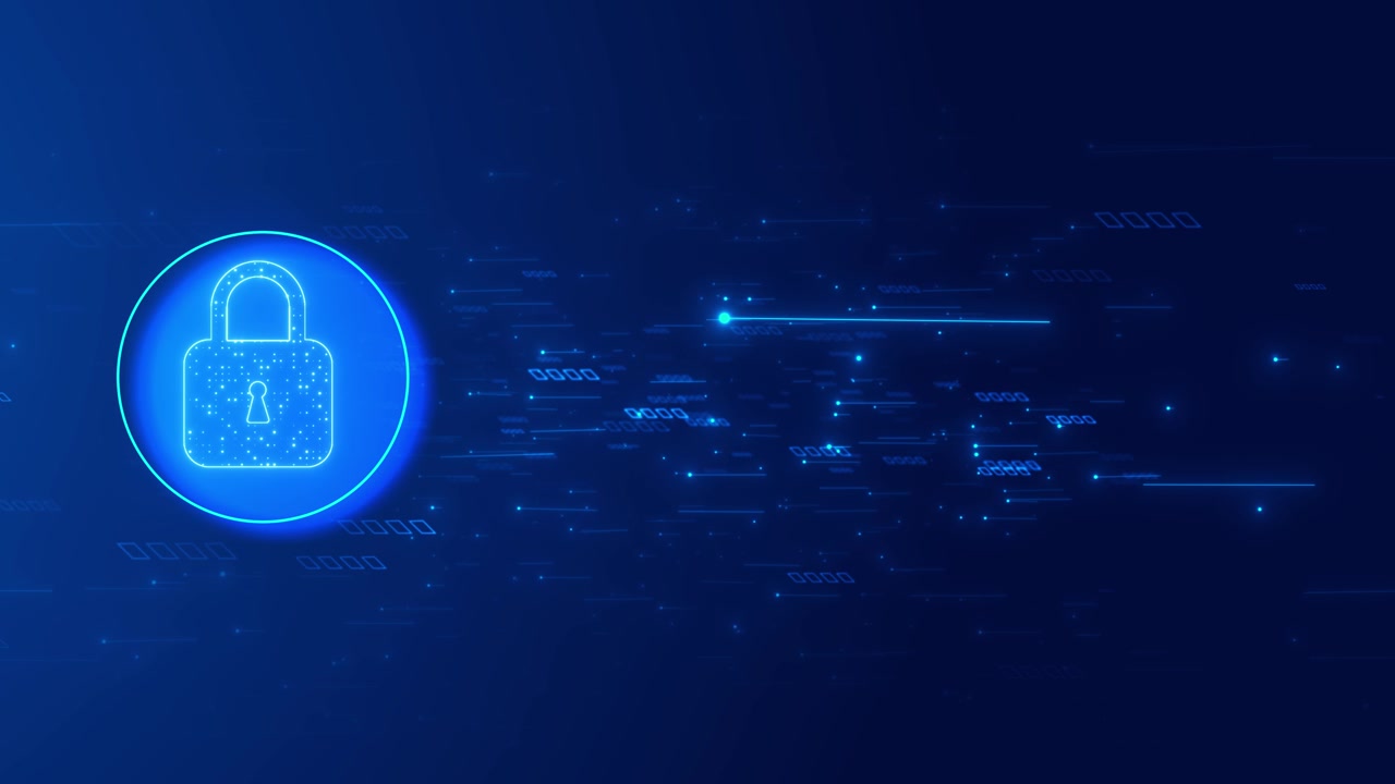Digital padlock privacy protection visual with blue glow floating data marks and secure technology