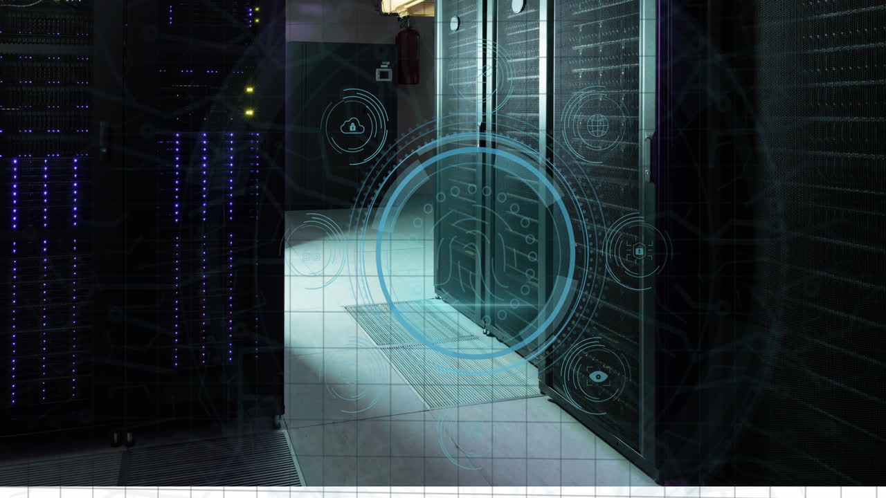 animación de iconos digitales y escáner biométrico de huellas dactilares contra la sala de servidores de computadoras