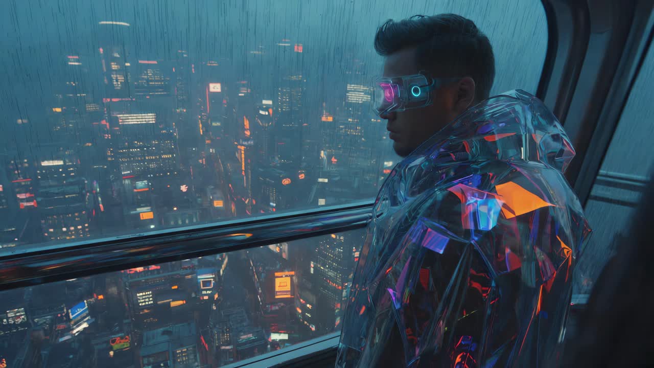 Cyberpunk Cityscape with a Man Wearing VR Glasses