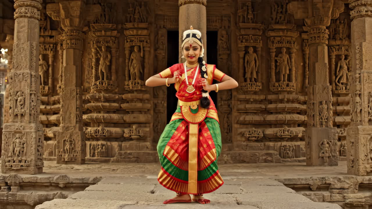 Young Indian classical dancer in traditional attire posing at an ancient temple
