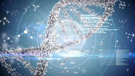 animation of dna, molecules, globe and data processing on blue background