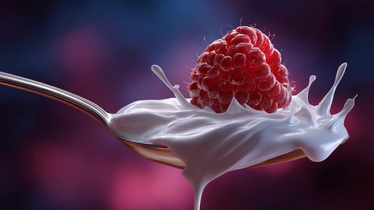 A Delicious Raspberry Splashing in Cream on a Silver Spoon with a Colorful Background Capturing the Essence of Culinary Art and Desirable Treats