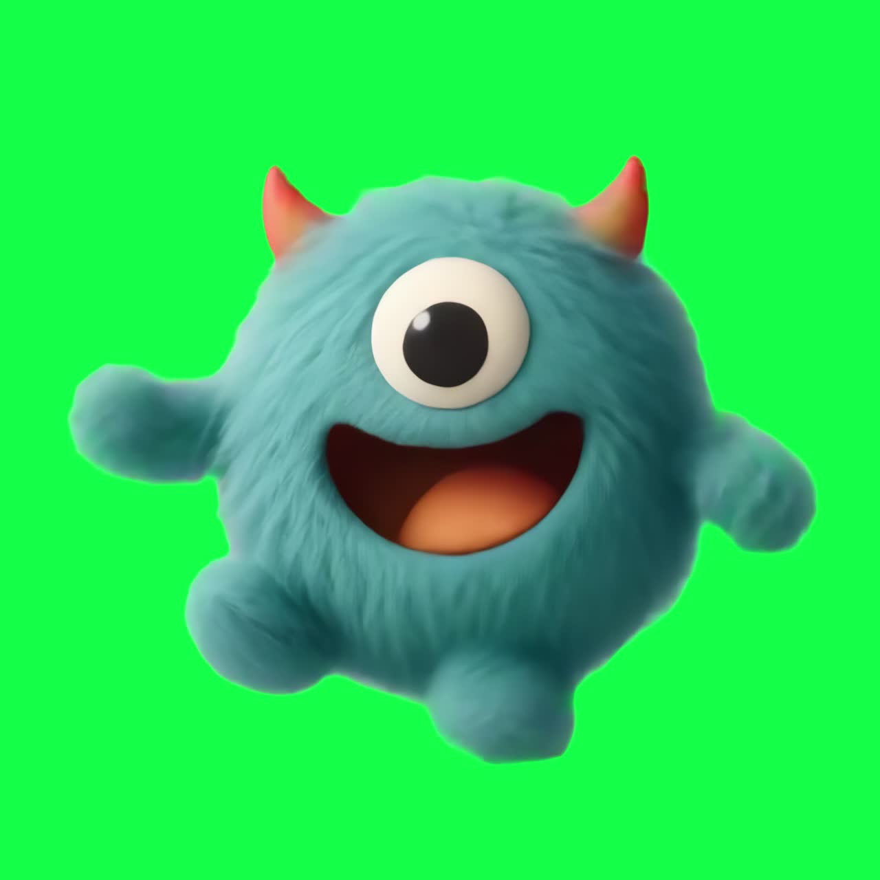 Furry blue monster with horns animation, transparent 4K video, green screen