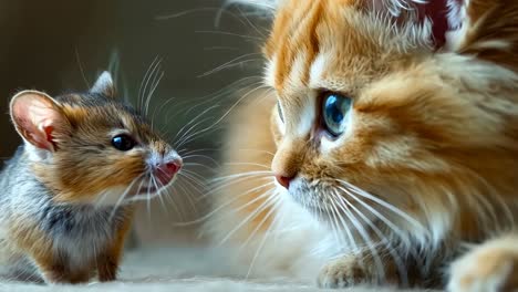 a cat and a small mouse are looking at each other