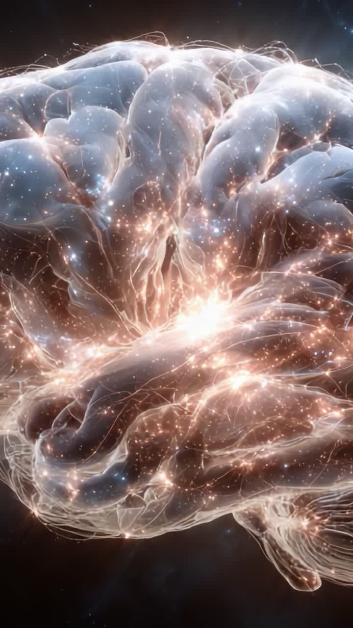 Una visualizzazione mozzafiato di una rete neurale: che cattura l'intricato bagliore dell'attività cerebrale avvolta in luce cosmica e galassie scintillanti in un universo astratto