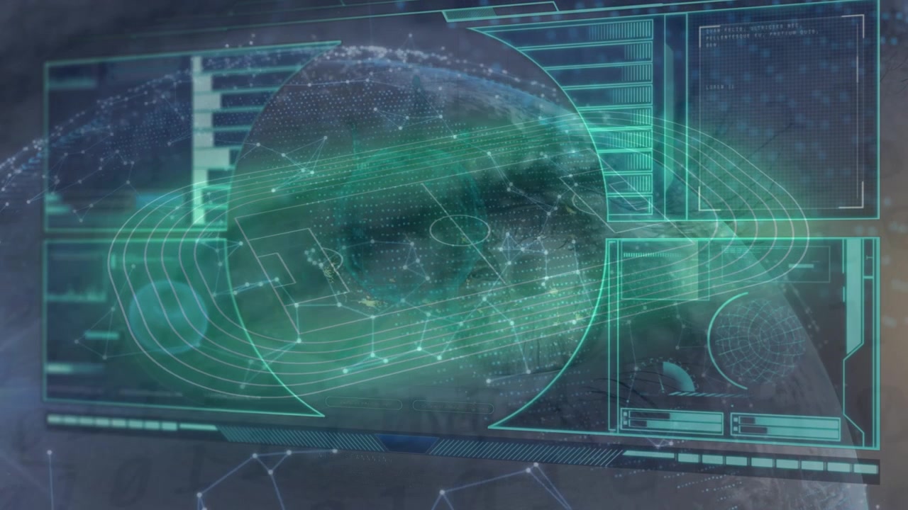 Animation of digital screen with diverse data, connections and sport field