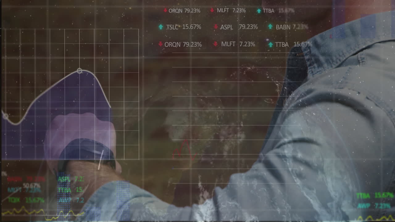 Checking smartwatch, businessperson analyzing stock market data overlay in office