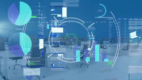 Animation-of-data-processing-and-scope-scanning-over-empty-office