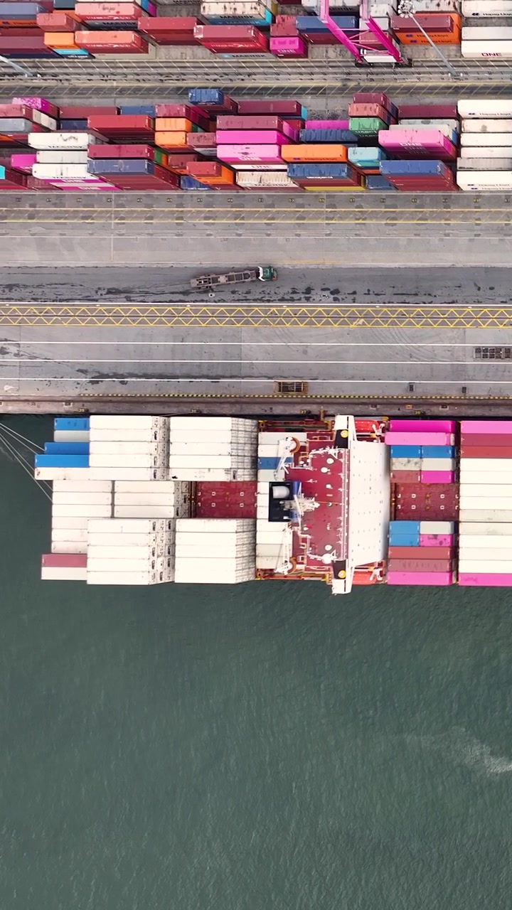 Footage shows a container terminal with large cargo ships being loaded and unloaded. The video captures shipping containers stacked along the dock in a busy port.