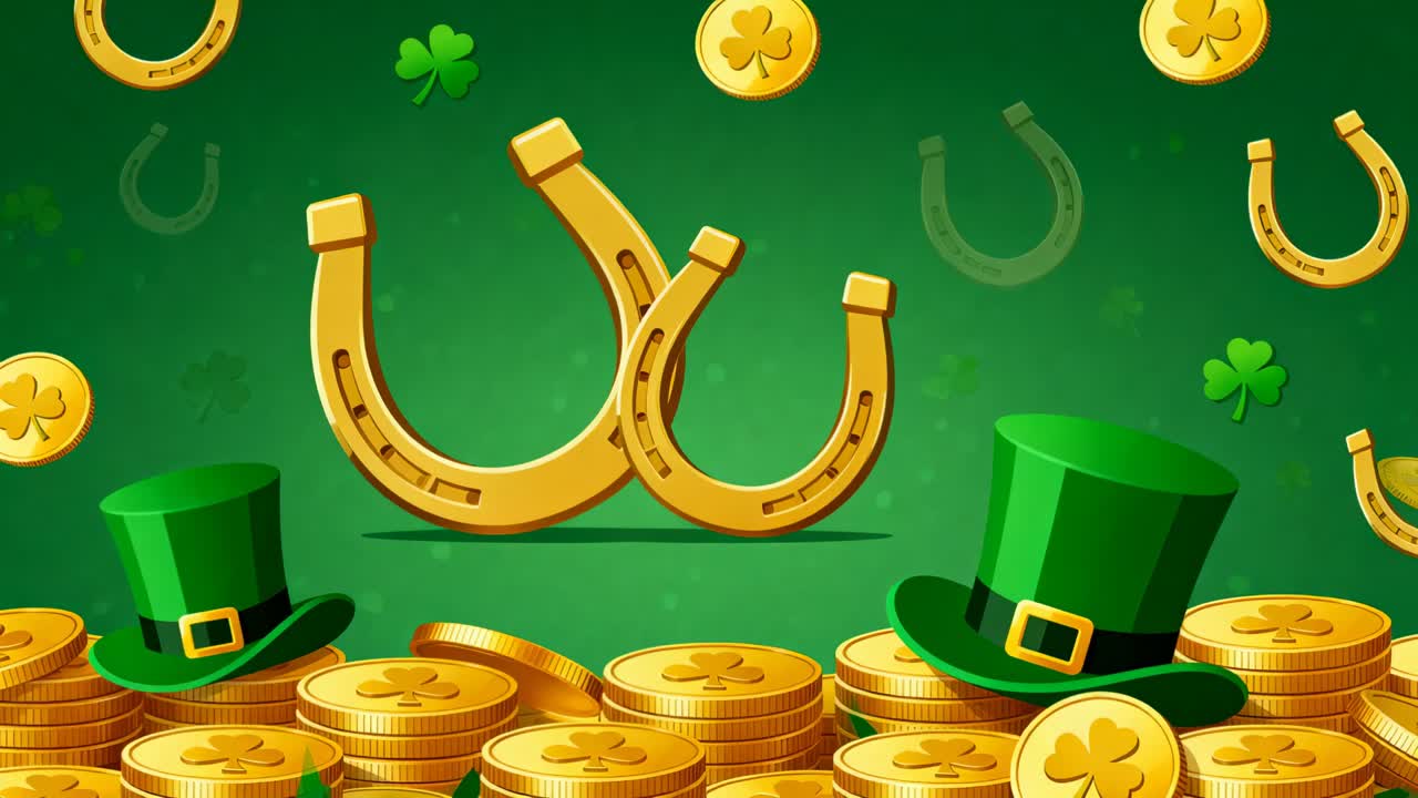 Loop starting, shifting two golden horseshoes bobbing on green backdrop with rising coin for luck