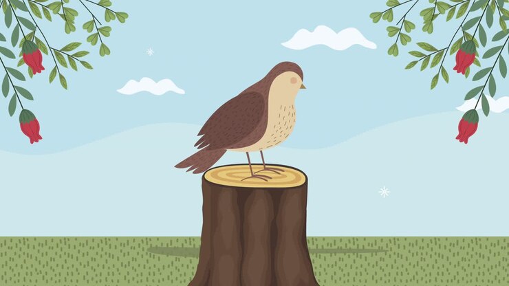 птица в стволе и цветы весенняя сцена