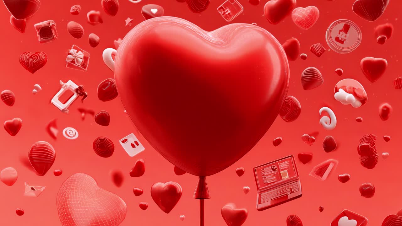 A Vibrant Heart Theme with Floating Symbols Representing Love and Affection, Surrounded by Various Heart-Shaped Objects in a Bold Red Color Palette
