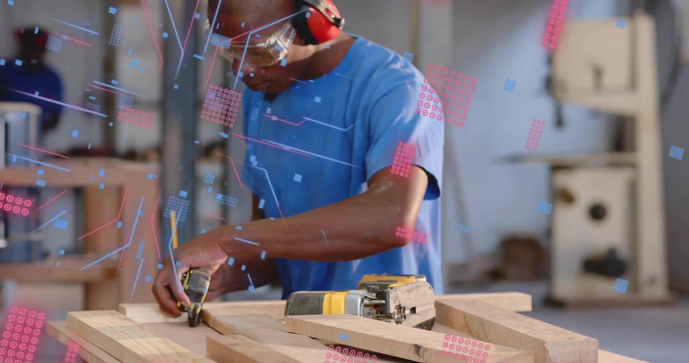 Woodshop carpenter reaching for tape and marking planks before raising jigsaw with AR guiding cuts