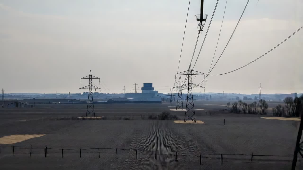 Panning camera slowly right across fields revealing lattice tower, pad, power lines, copy space