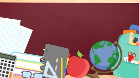 animación de múltiples materiales escolares que se mueven en un tablero escolar rojo