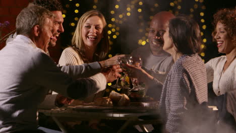 mature friends enjoying outdoor evening meal shot on r3d