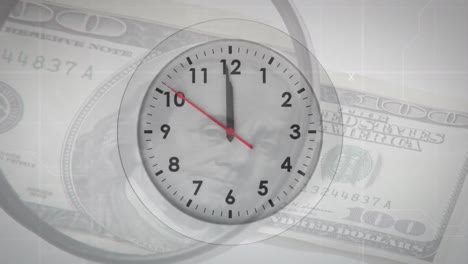 animation of digital clock over 100 dollar bill on table been inspecting through magnifying glass