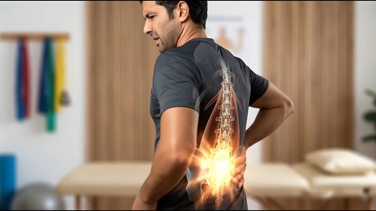Human spine pain concept with illuminated vertebral column from rear view
