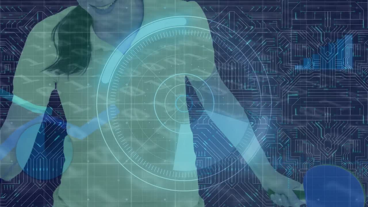 데이터 처리 및 범위 스캐닝의 애니메이션 백인 여성과 컴퓨터 회로 보드