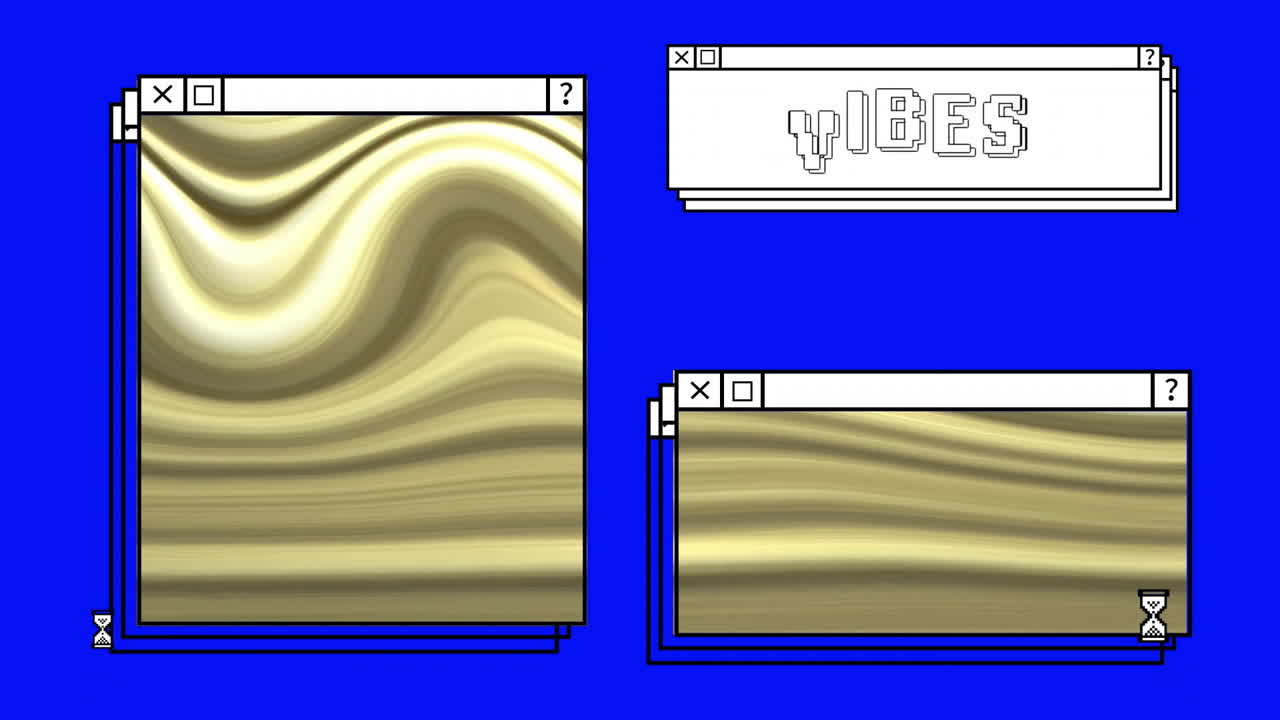 Animation of digital interfaces with vibe text and golden shapes on blue background